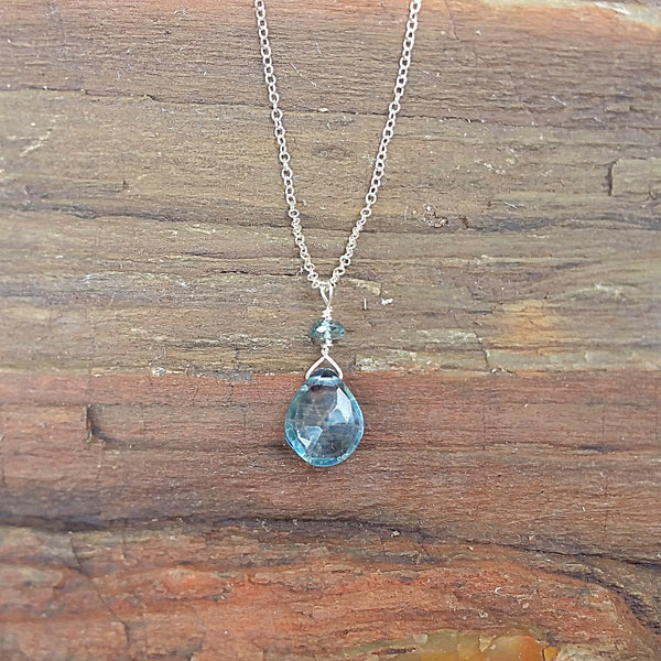 Blue Quartz and Zircon Drop Pendant Necklace - Rubarb Jewelry