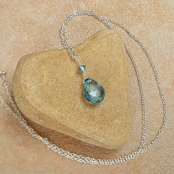 Blue Quartz and Zircon Drop Pendant Necklace - Rubarb Jewelry