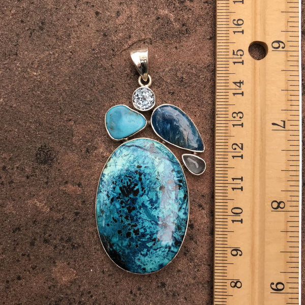 Chrysocolla & Sterling Silver Jeweled Collage Pendant